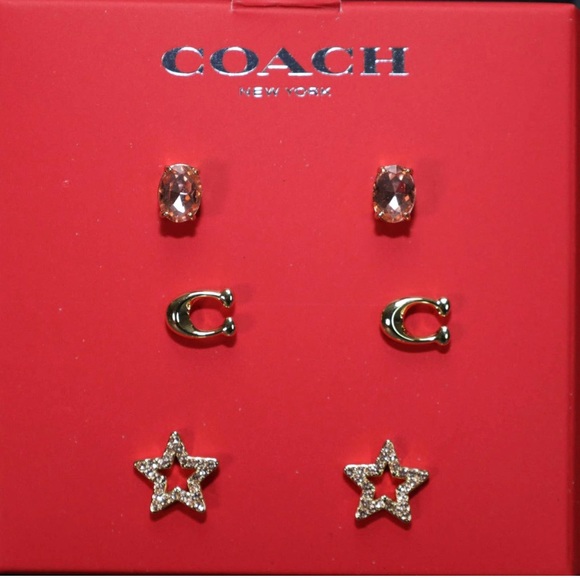 Coach C Stone Star Stud Set of 3 Earrings Set - Gold - NIB - Picture 2 of 3